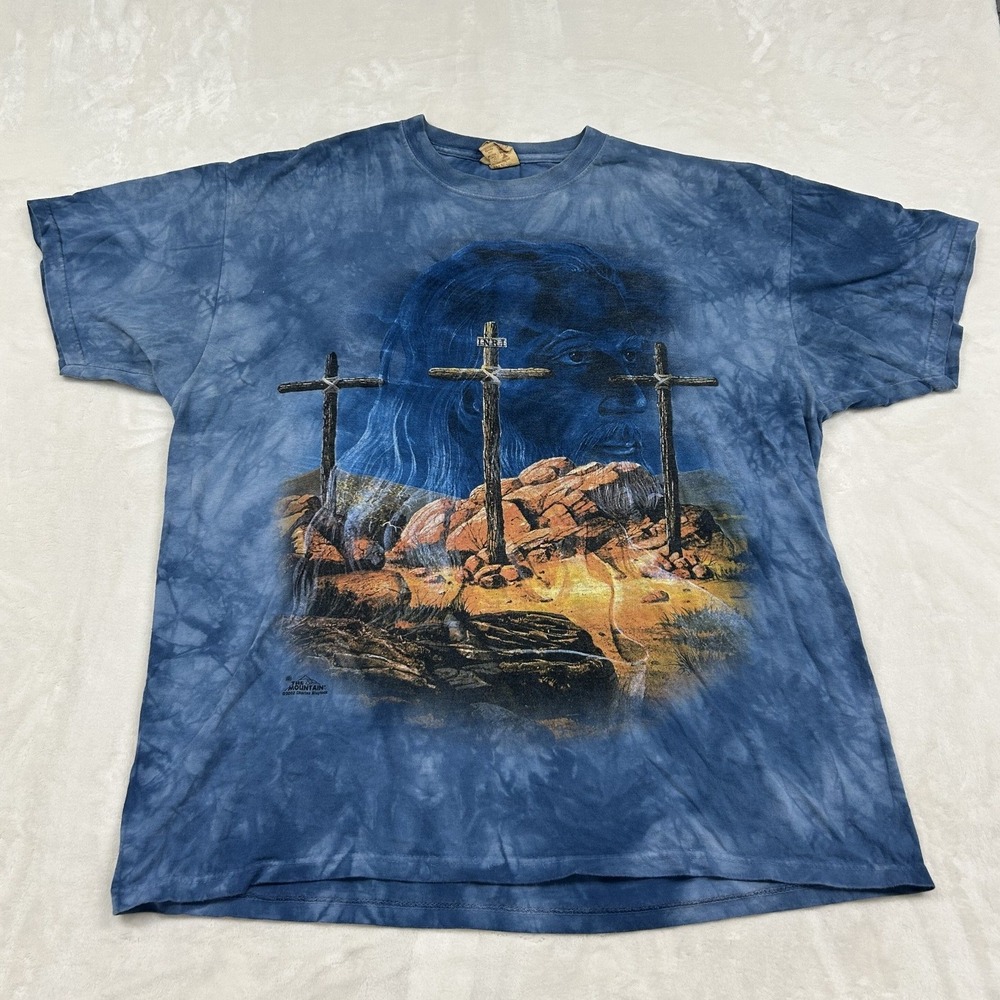 The Mountain Graphic T-Shirt Mens XL Blue Tie Dye Three Crosses Jesus 2002